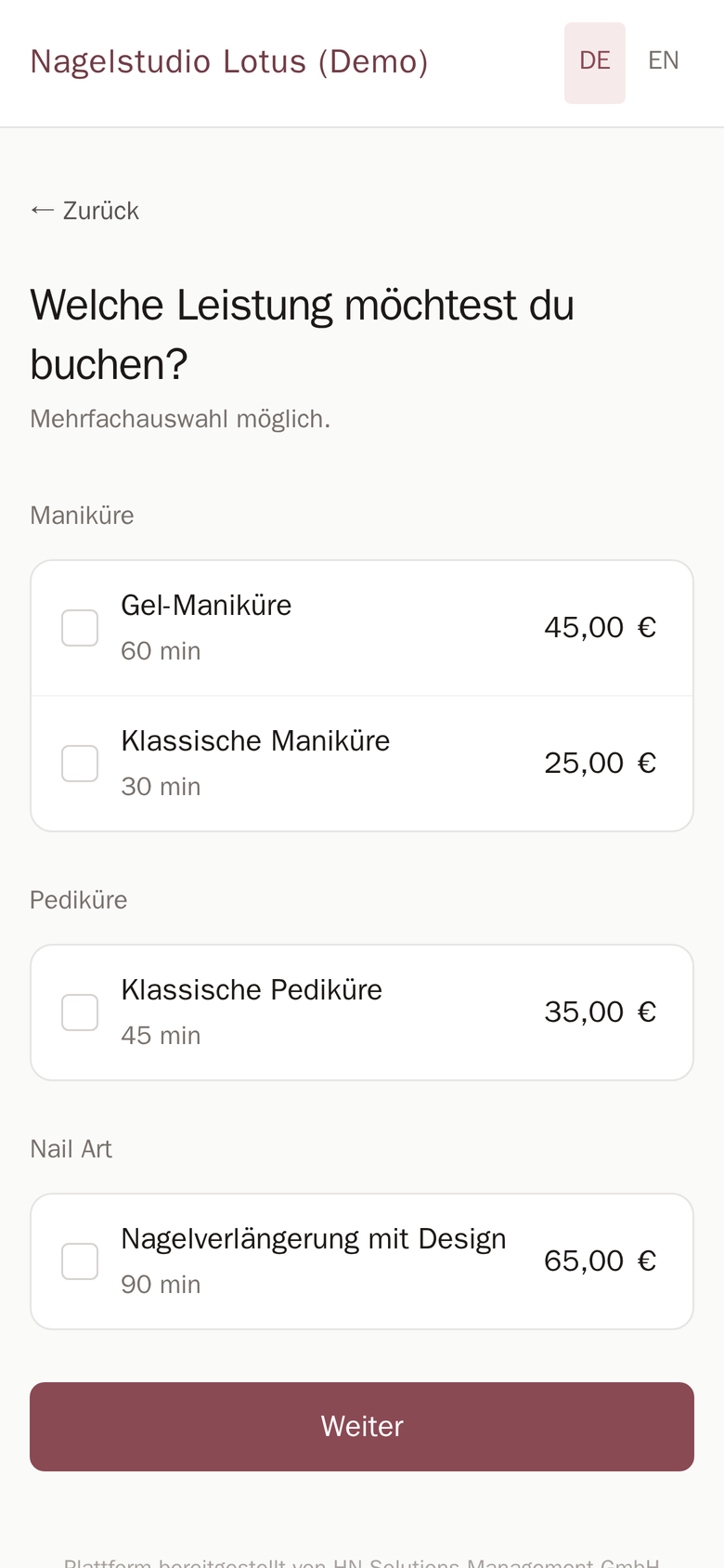 Die Buchungsseite eines Studios auf dem Handy: Leistungen mit Dauer und Preis zur Auswahl